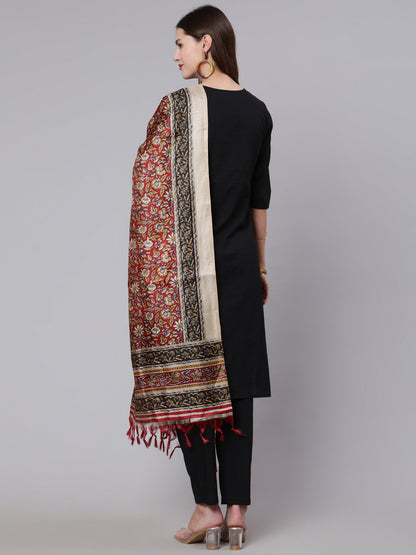 Women's Black Solid Kurta And Palazzo With Printed Dupatta