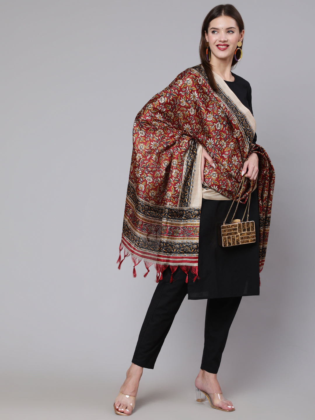 Women's Black Solid Kurta And Palazzo With Printed Dupatta