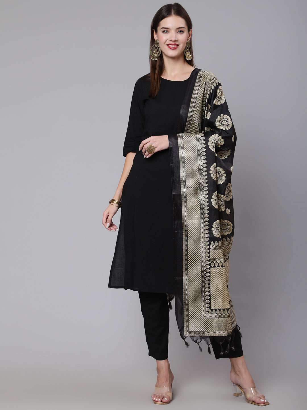Women's Black Solid Kurta And Palazzo With Printed Dupatta