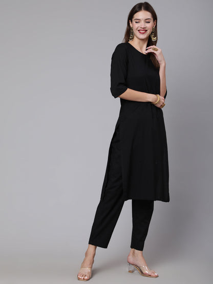 Women's Black Solid Kurta And Palazzo With Printed Dupatta