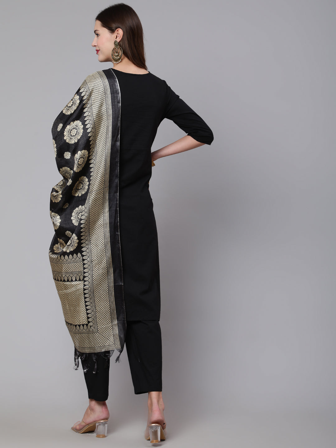 Women's Black Solid Kurta And Palazzo With Printed Dupatta