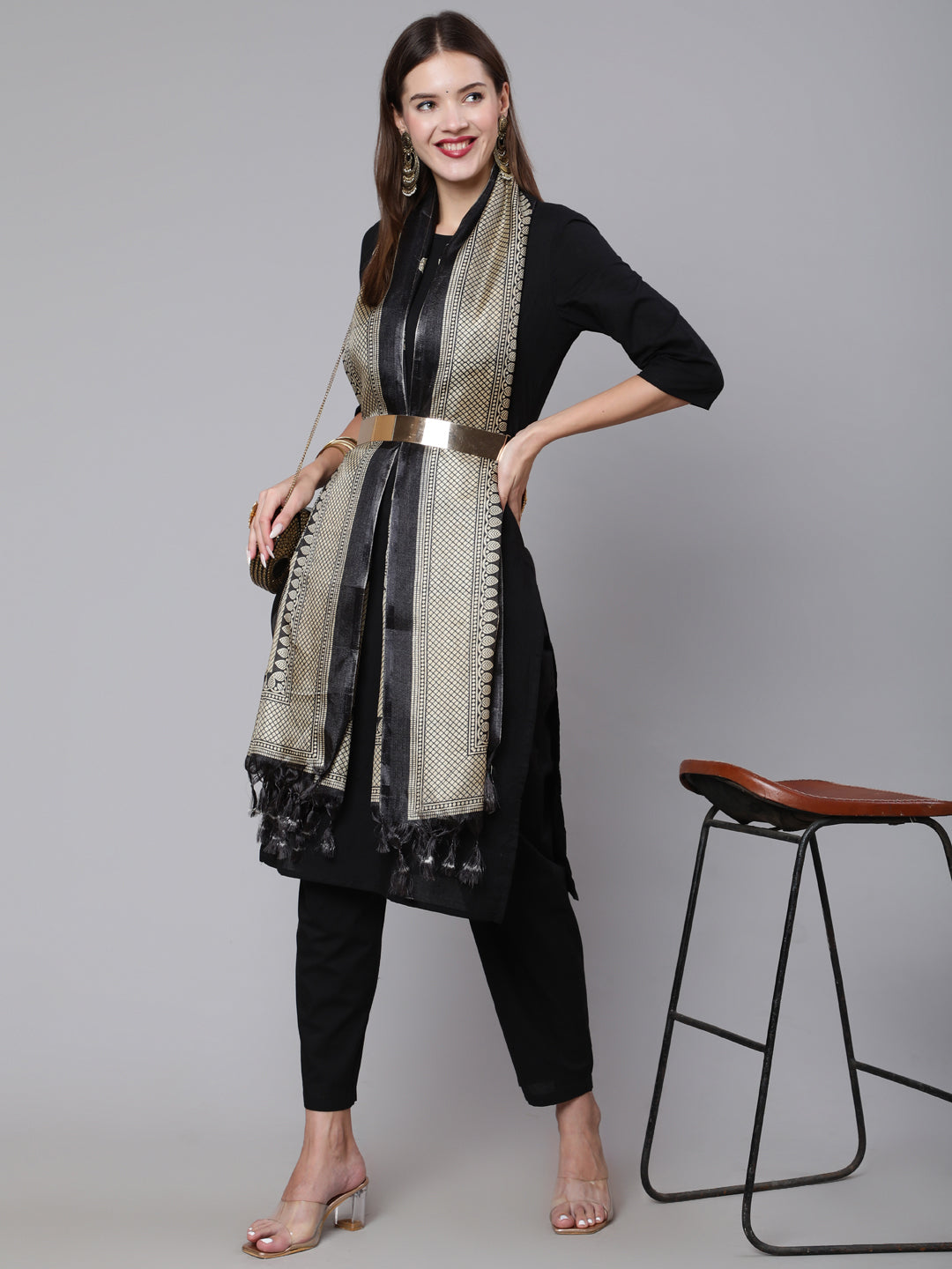 Women's Black Solid Kurta And Palazzo With Printed Dupatta