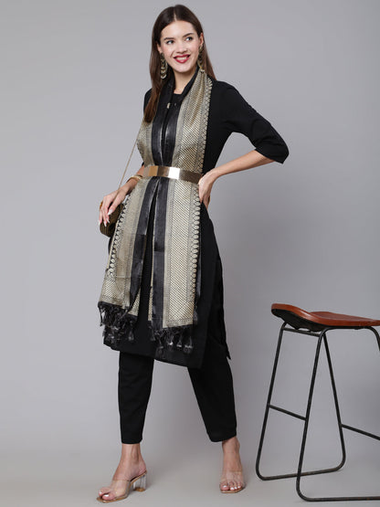 Women's Black Solid Kurta And Palazzo With Printed Dupatta