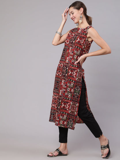 Women's Multicoloured Printed Thread Work Kurta