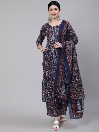 Women's Multi Printed Straight Kurta With Palazzo & Dupatta