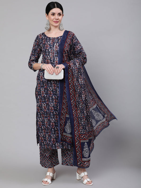 Women's Multi Printed Straight Kurta With Palazzo & Dupatta