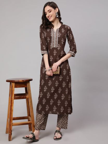 Women's Brown Floral Printed Straight Kurta With Palazzo