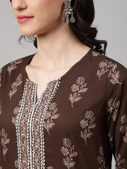 Women's Brown Floral Printed Straight Kurta With Palazzo