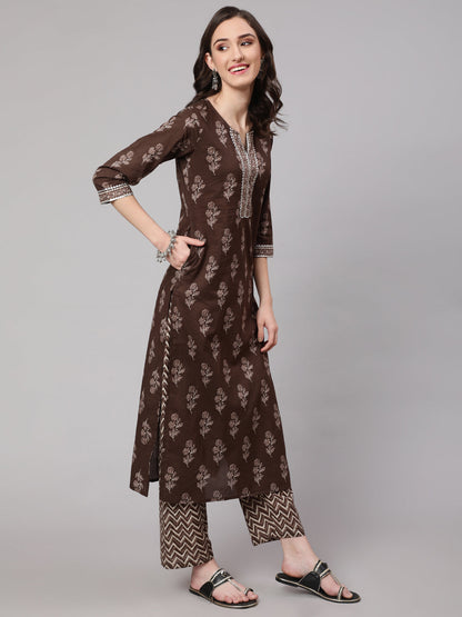 Women's Brown Floral Printed Straight Kurta With Palazzo