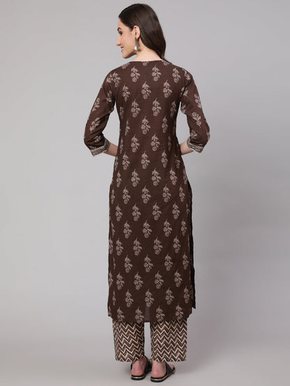 Women's Brown Floral Printed Straight Kurta With Palazzo
