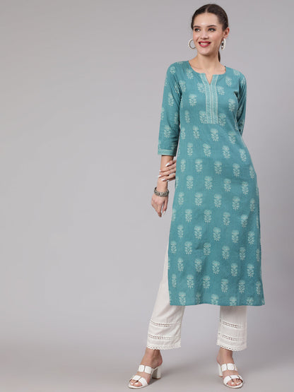 Women's Sea Green Printed Straight Kurta With White Solid Trouser