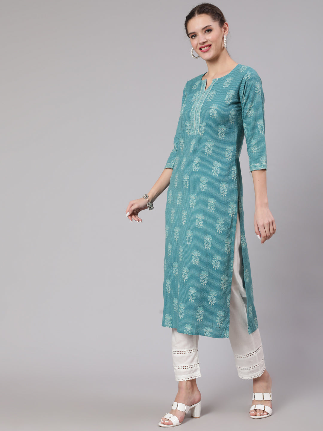 Women's Sea Green Printed Straight Kurta With White Solid Trouser