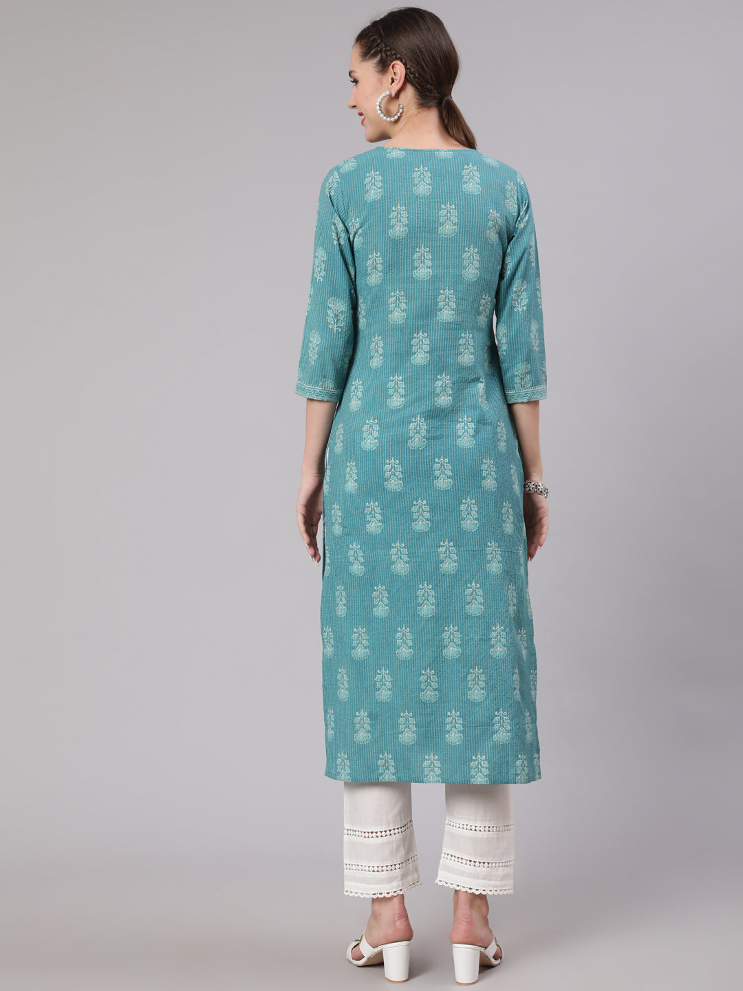 Women's Sea Green Printed Straight Kurta With White Solid Trouser