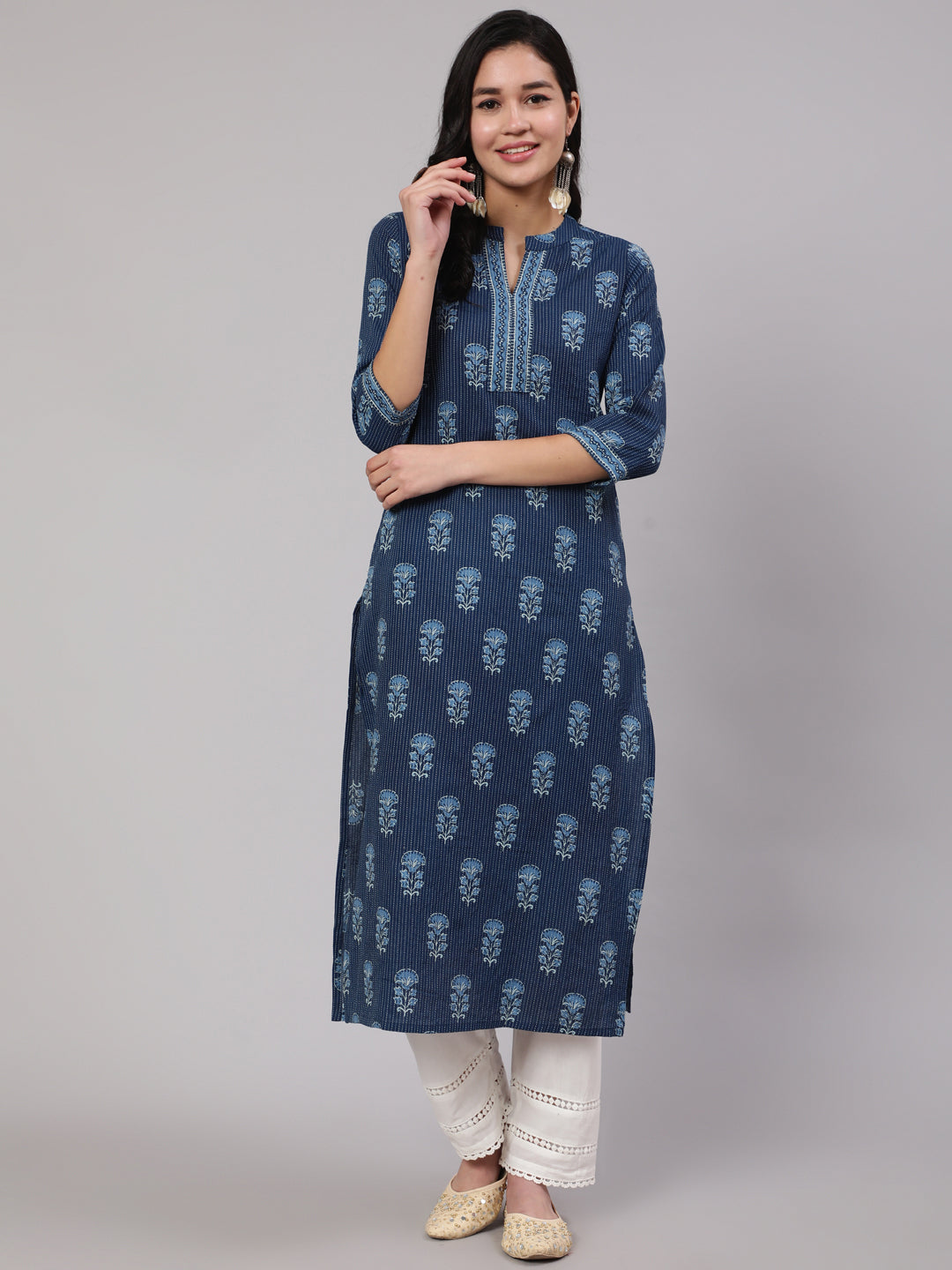 Women's Blue Printed Straight Kurta With White Solid Trouser