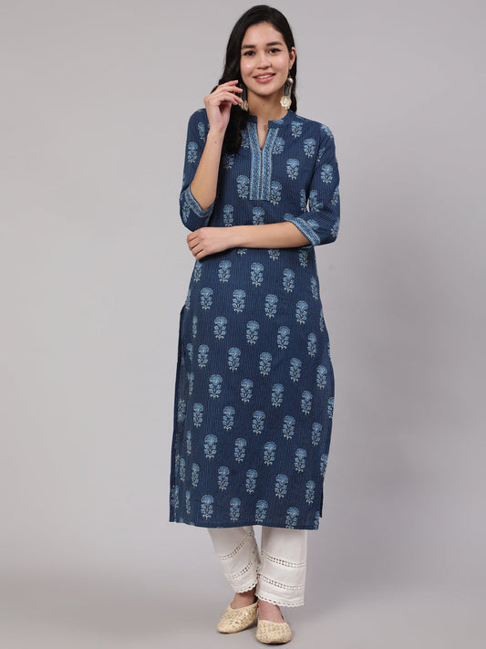 Women's Blue Printed Straight Kurta With White Solid Trouser