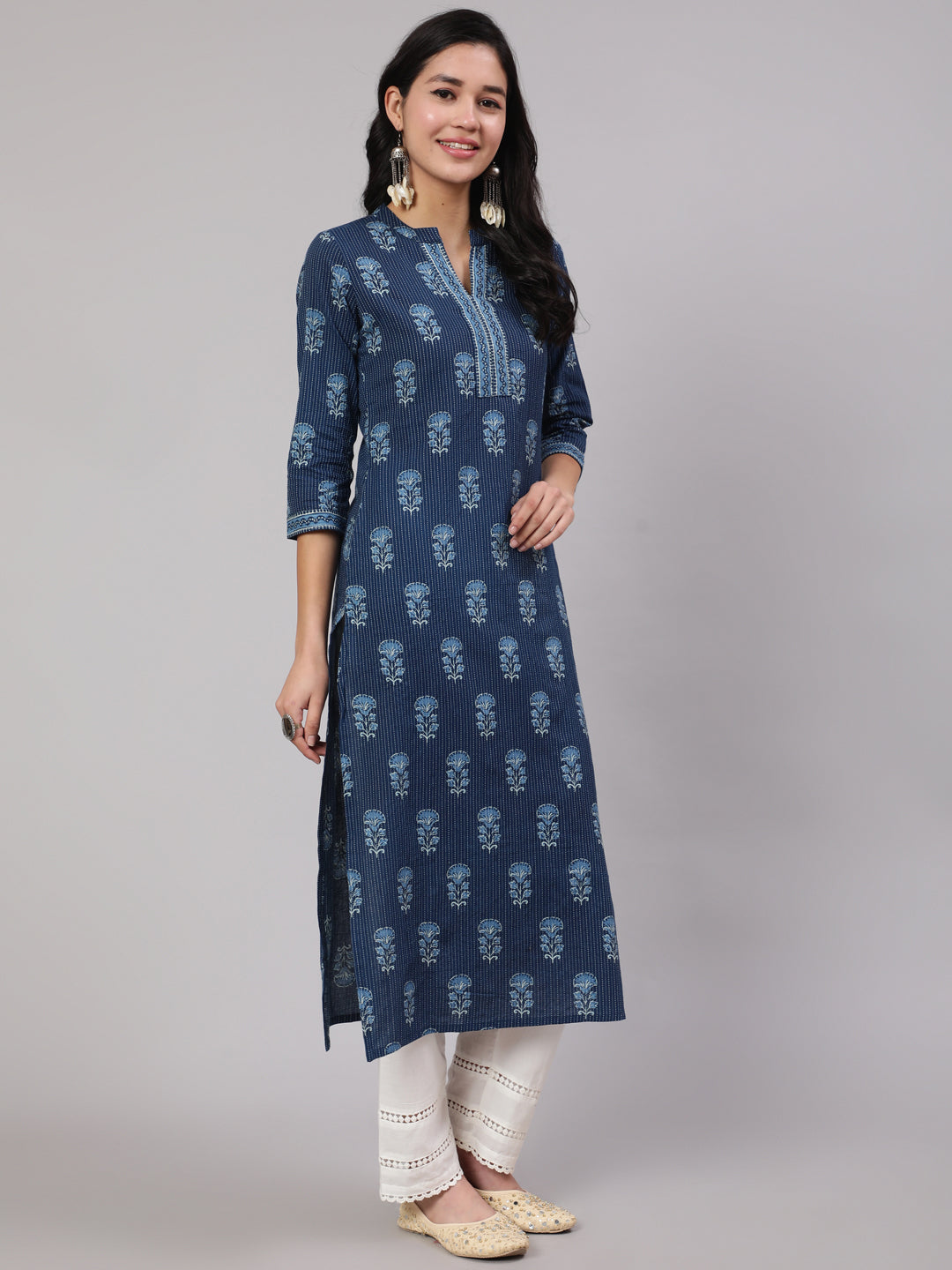 Women's Blue Printed Straight Kurta With White Solid Trouser