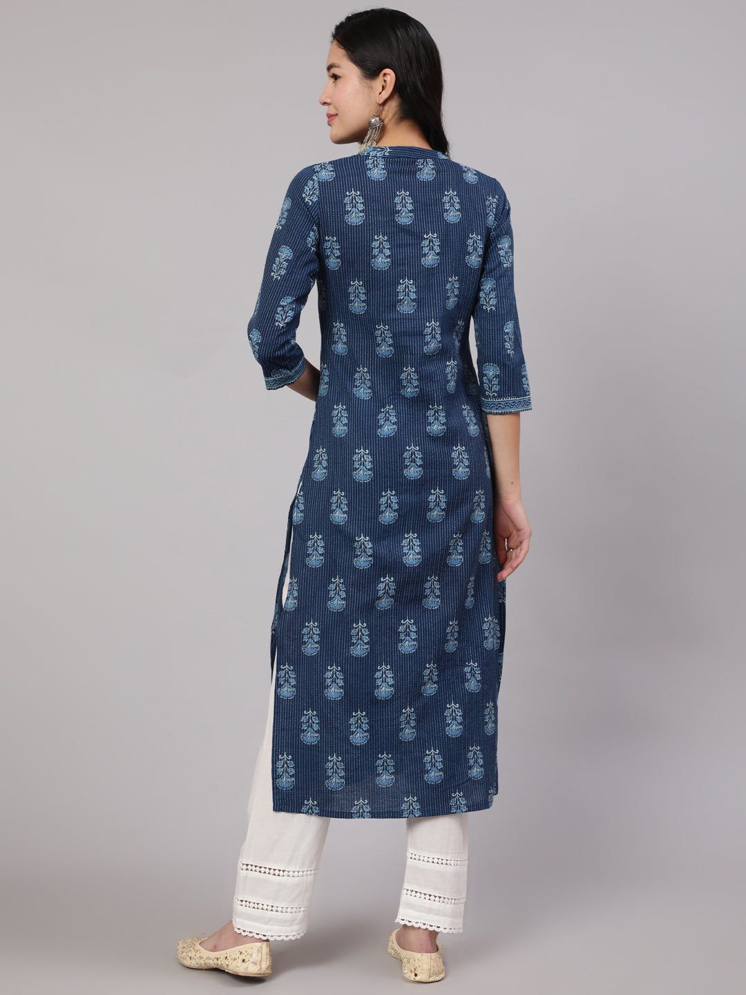 Women's Blue Printed Straight Kurta With White Solid Trouser