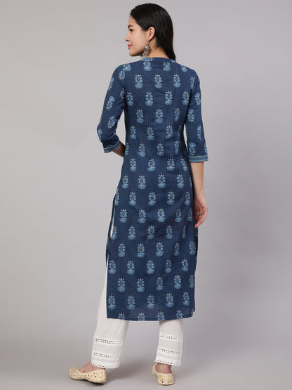 Women's Blue Printed Straight Kurta With White Solid Trouser