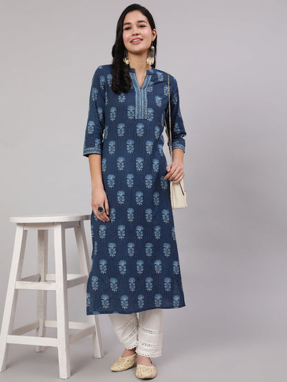 Women's Blue Printed Straight Kurta With White Solid Trouser