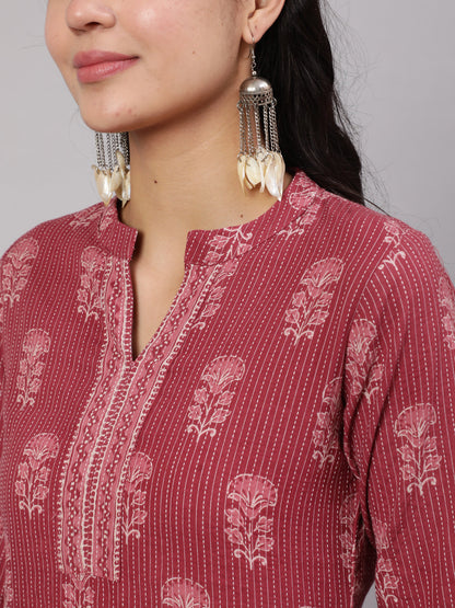 Women's Mauve Printed Straight Kurta With White Solid Trouser