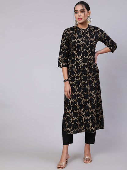 Women's Black Ethnic Printed Straight Kurta With Trouser