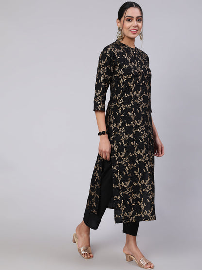 Women's Black Ethnic Printed Straight Kurta With Trouser