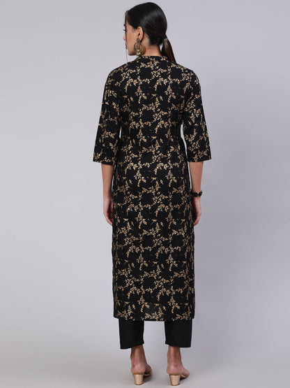 Women's Black Ethnic Printed Straight Kurta With Trouser