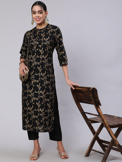 Women's Black Ethnic Printed Straight Kurta With Trouser
