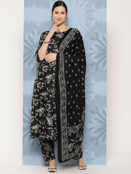 Women's Black Floral Printed Flared Kurta With Trouser And Dupatta