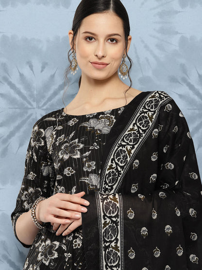 Women's Black Floral Printed Flared Kurta With Trouser And Dupatta