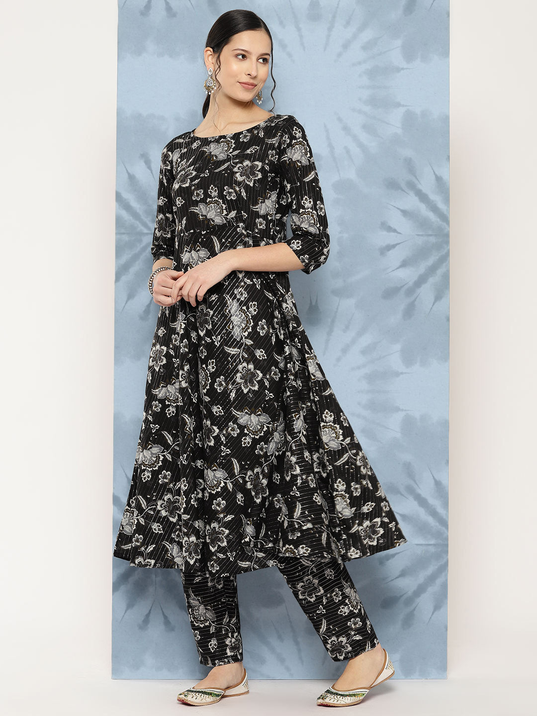 Women's Black Floral Printed Flared Kurta With Trouser And Dupatta
