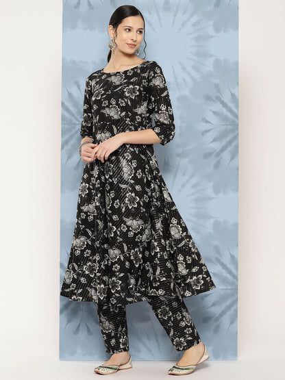 Women's Black Floral Printed Flared Kurta With Trouser And Dupatta