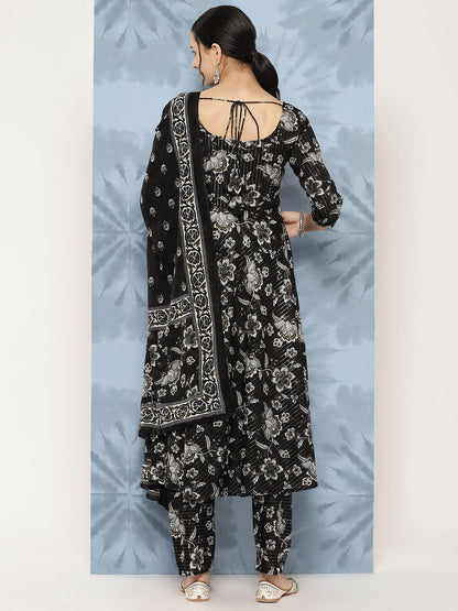 Women's Black Floral Printed Flared Kurta With Trouser And Dupatta