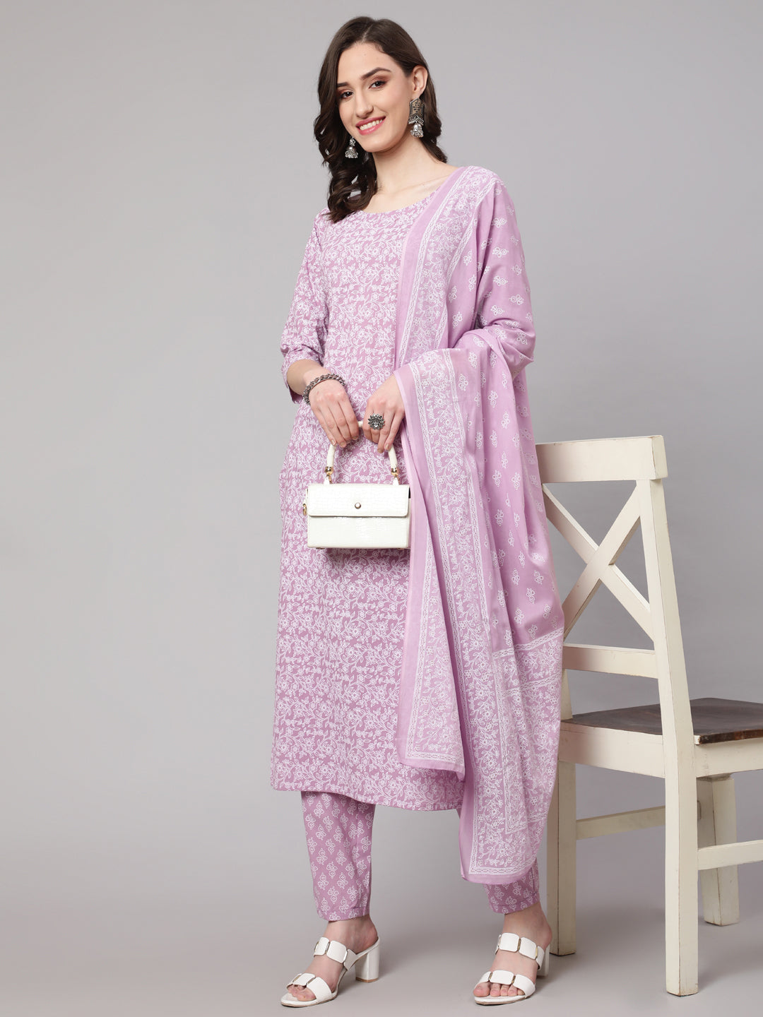 Women's Levender Printed Straight Kurta With Palazzo & Dupatta