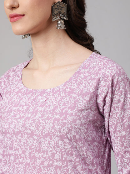 Women's Levender Printed Straight Kurta With Palazzo & Dupatta