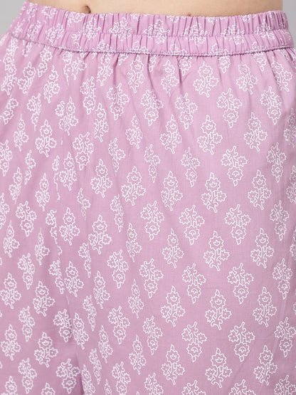 Women's Levender Printed Straight Kurta With Palazzo & Dupatta