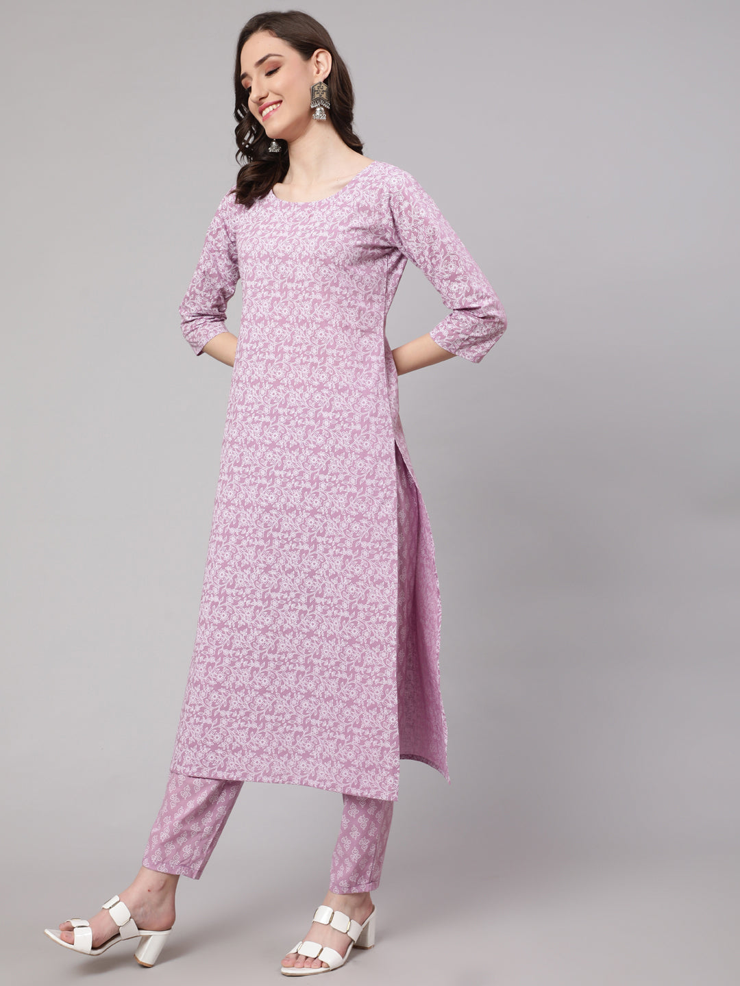Women's Levender Printed Straight Kurta With Palazzo & Dupatta