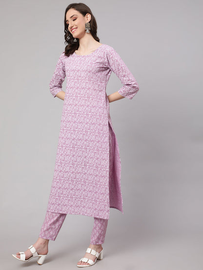 Women's Levender Printed Straight Kurta With Palazzo & Dupatta