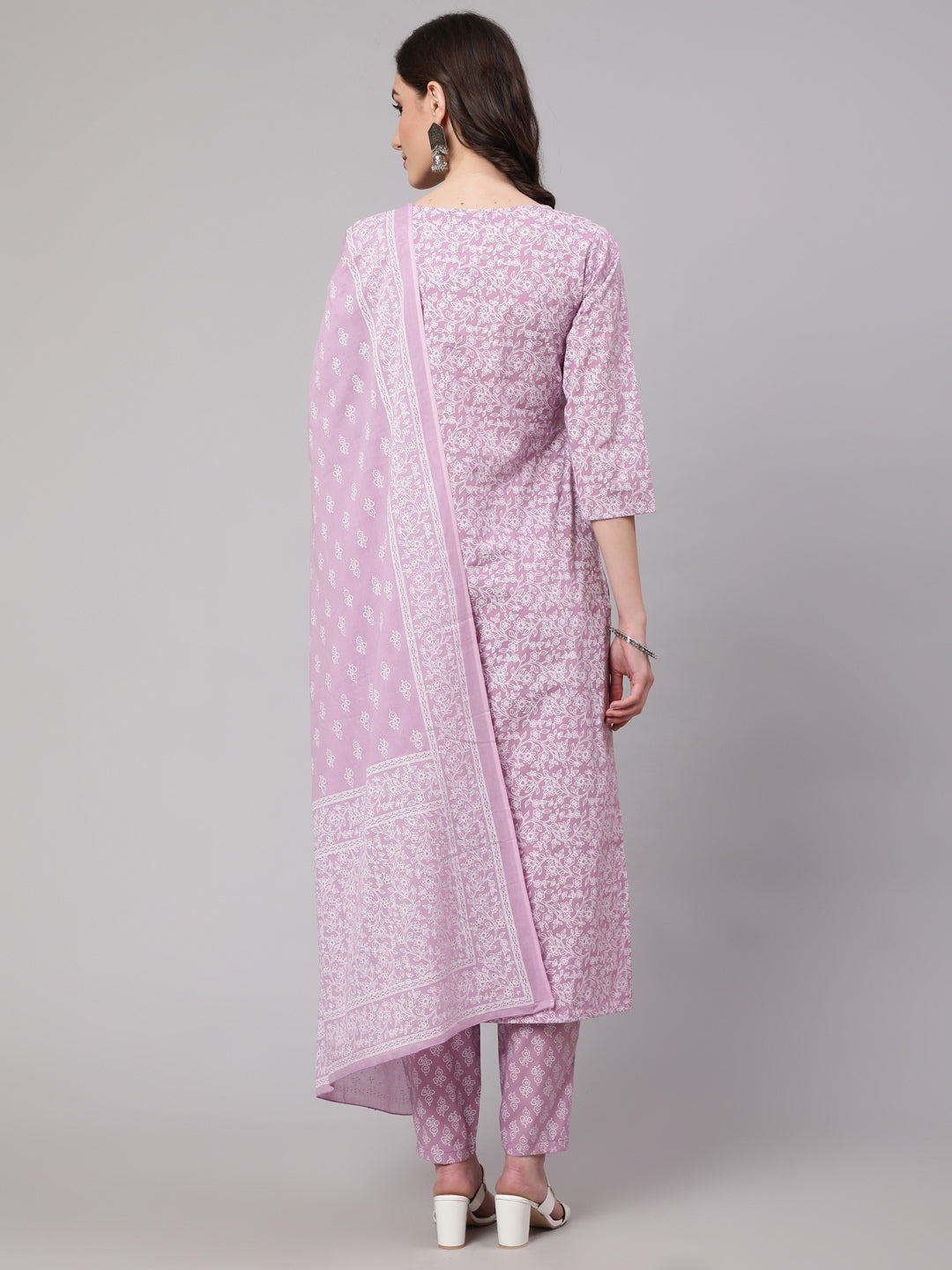 Women's Levender Printed Straight Kurta With Palazzo & Dupatta