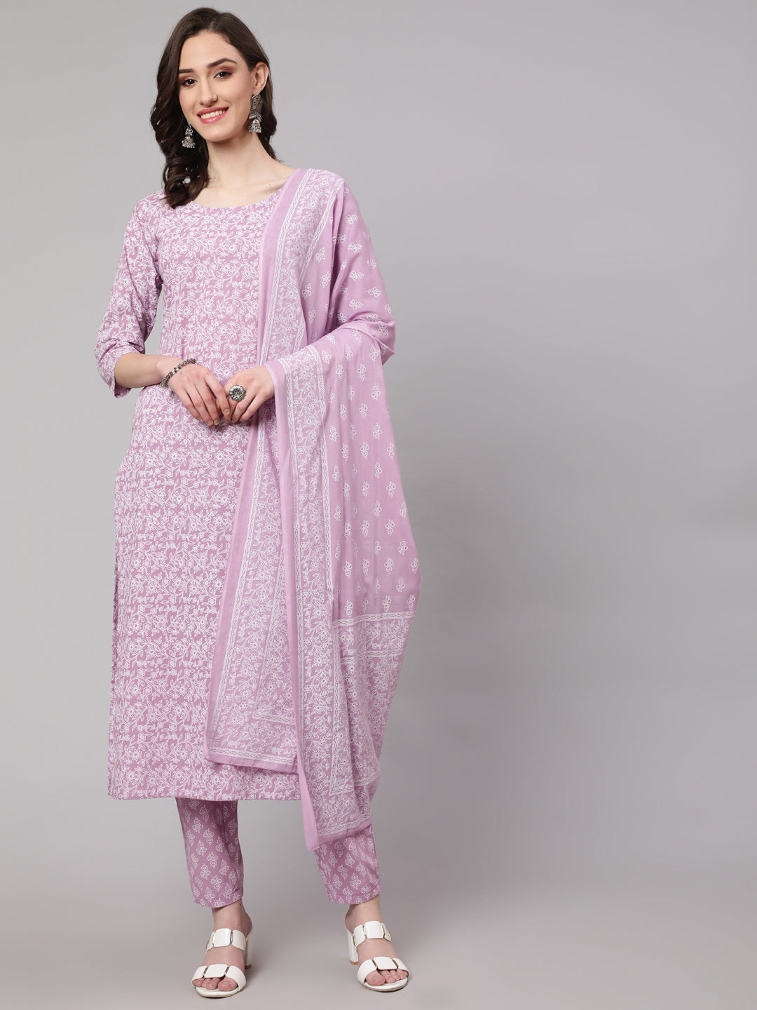 Women's Levender Printed Straight Kurta With Palazzo & Dupatta
