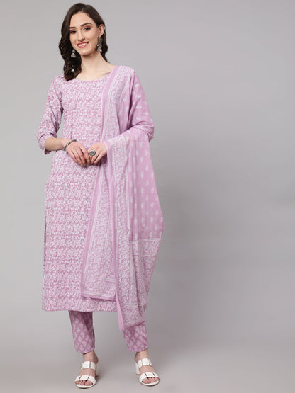 Women's Levender Printed Straight Kurta With Palazzo & Dupatta