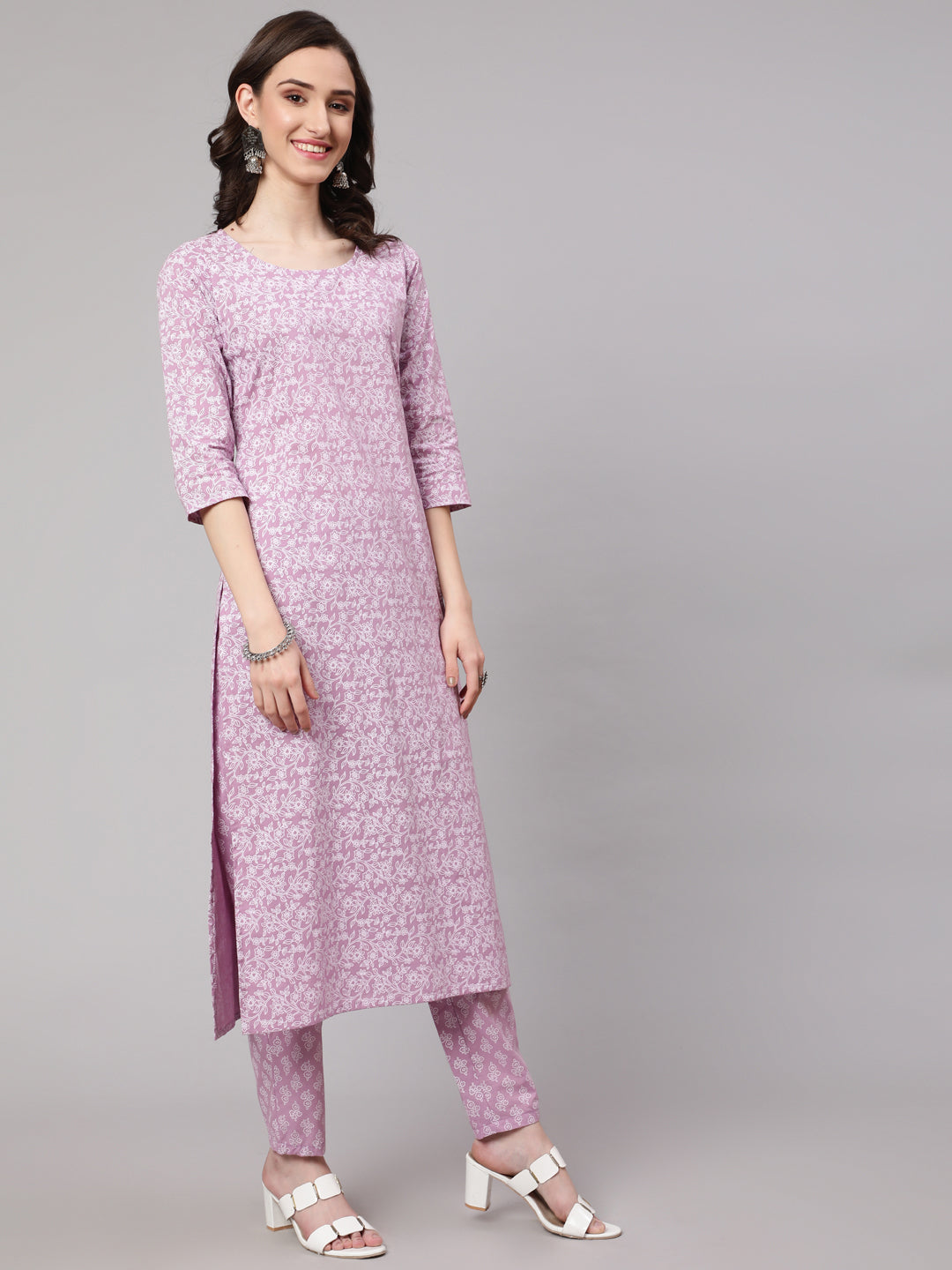 Women's Levender Printed Straight Kurta With Palazzo & Dupatta