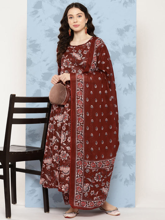 Women's Maroon Floral Printed Flared Kurta With Trouser And Dupatta