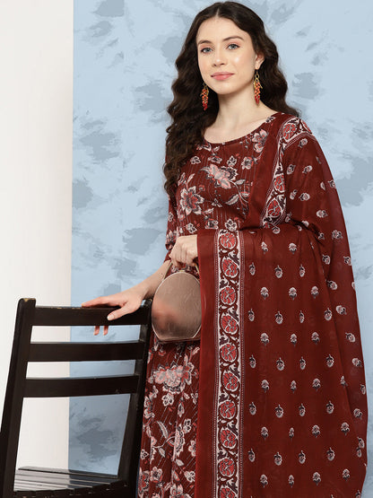 Women's Maroon Floral Printed Flared Kurta With Trouser And Dupatta