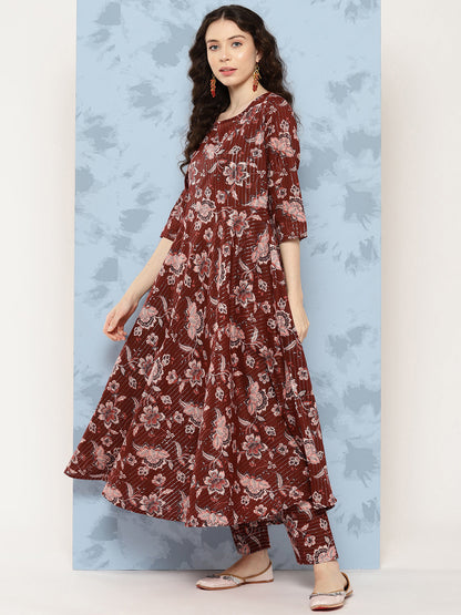 Women's Maroon Floral Printed Flared Kurta With Trouser And Dupatta