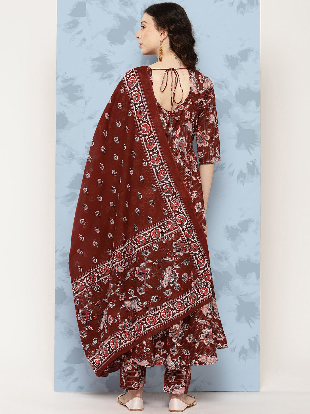 Women's Maroon Floral Printed Flared Kurta With Trouser And Dupatta
