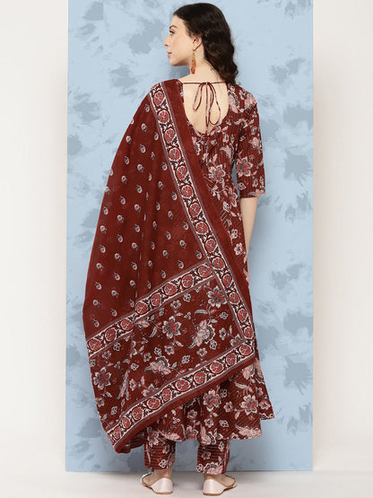 Women's Maroon Floral Printed Flared Kurta With Trouser And Dupatta