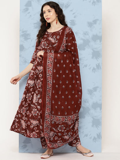Women's Maroon Floral Printed Flared Kurta With Trouser And Dupatta