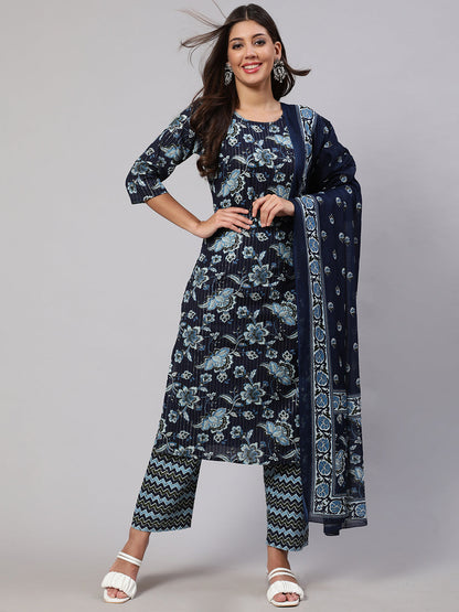 Women's Indigo Blue Floral Printed Flared Kurta With Trouser And Dupatta