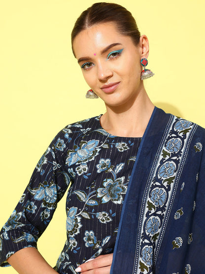 Women's Indigo Blue Floral Printed Flared Kurta With Trouser And Dupatta